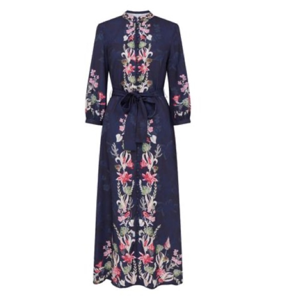 RAISHMA Studio Blue Satin Floral Mandarin Bria Maxi Dress With Belt UK 10 S M